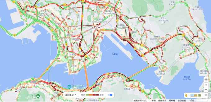 港九交通非常挤塞。Google地图截图