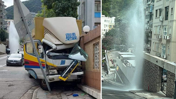 貨車撞向的士後再溜前，其間撞及路邊巴士牌及水龍頭。網上圖片