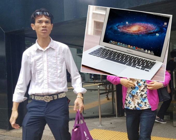 被告奚松波（左）及MacBook Air。资料图片