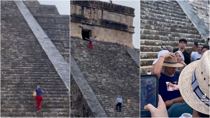 女遊客違禁登上瑪雅神殿遭民眾擲水樽、拉頭髮。 twitter圖