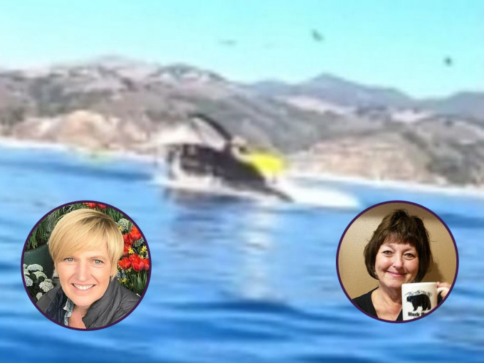 两女子划橡皮艇观鲸， 险被吞下，幸最终能捡回性命。(网图)