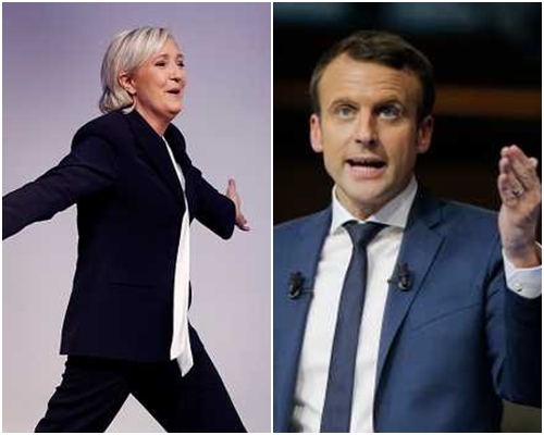 瑪琳勒龐希望將「法國人優先」寫入憲法（左）。右為馬克龍。AP