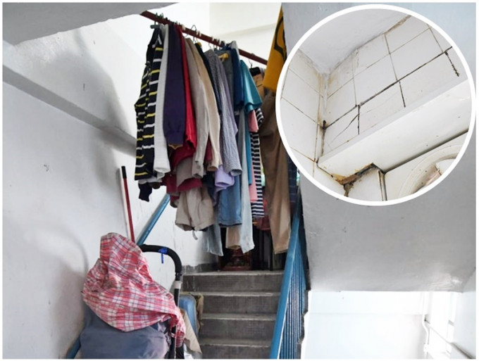 有楼宇的楼梯布满杂物，住户在楼梯凉衣物。（小图：有单位磁砖爆裂）