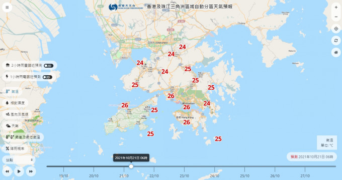 电脑预报星期四早上6时，各区的气温仍然介乎24至26度。「自动分区天气预报」