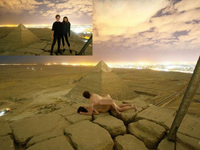 丹麥攝影師維德（Andreas Hvid）攜帶一名女子爬上埃及金字塔，在塔頂拍下裸照，引起議論紛紛。(網圖）