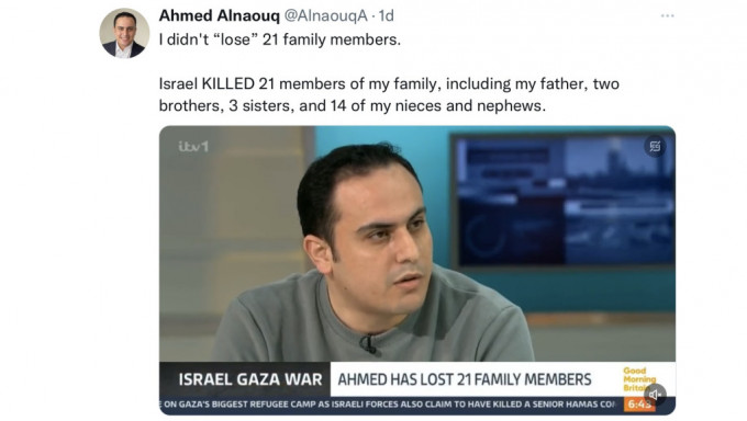 阿尔纳乌克（Ahmed Alnaouq）在「早安英国」遭主持人无脑发问。 X截图