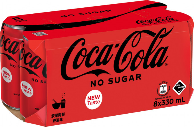 全新无糖「可口可乐」现已在香港正式上市，各大超级市场、便利店及网购平台有售。公司图片