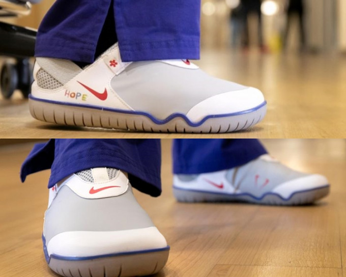 Nike捐赠的波鞋是特别设计，印有「Hope」字样，希望为医护打气。网图