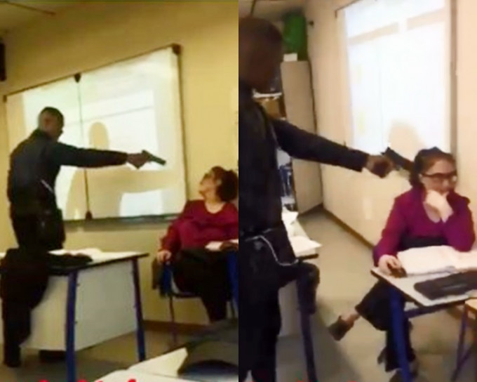 法国一名15岁男童在课堂上用假枪指吓老师。网上图片