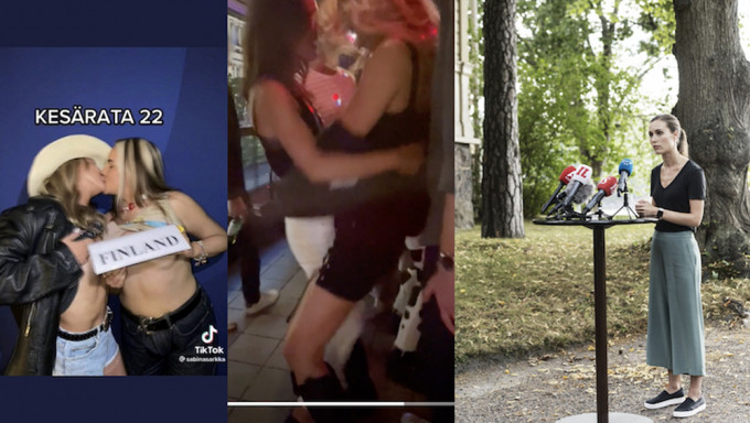 官邸兩半裸女接吻爭議相片外流，芬蘭女總理馬林道歉。網圖