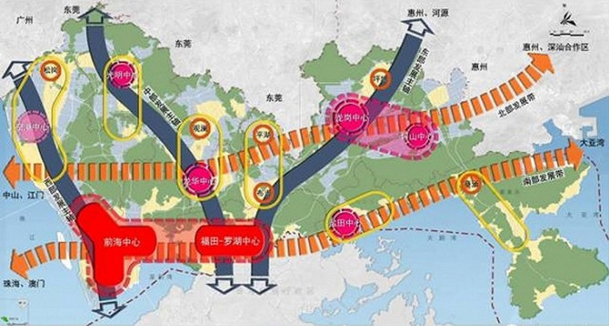 深圳採「三軸兩帶」的城市空間發展佈局。