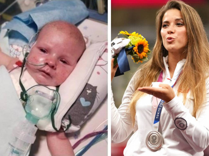 波蘭運動員Maria將在東奧奪得的銀牌拍賣，並將有關款項捐給患心臟病男童。右：AP圖片