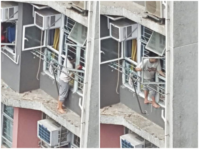 天瑞邨一名外傭爬出窗外，並站於石壆位置抹窗。「我愛天頌」Facebook圖片