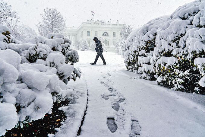美国华府白宫一带周一暴雪。