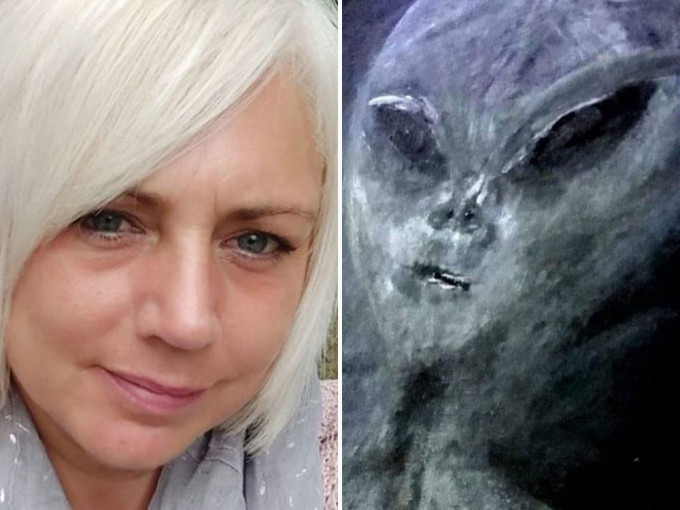 聲稱遭外星人綁架52次的英國女子及她繪畫的外星人面貌。