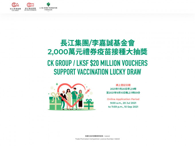 長江集團聯同李嘉誠基金會送出2000萬元禮券鼓勵疫苗接種。
