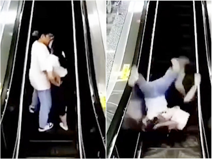 兩人在電梯上360度翻滾，場面相當驚險。影片截圖