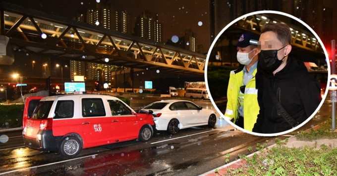 一輛的士在長沙灣深旺道及東京街西交界，撞向前方一輛停燈的寶馬私家車，的士司機（小圖）涉嫌酒駕被捕。