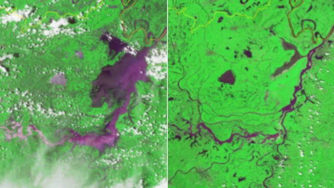 洞庭湖面積變化，左圖為7月1日，右圖為8月18日。國家衛星氣象中心