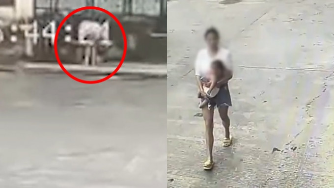 浙江义乌一名女子与丈夫吵架后丢孩子到垃圾堆(红圈)，幸被途人及时发现。网上影片截图