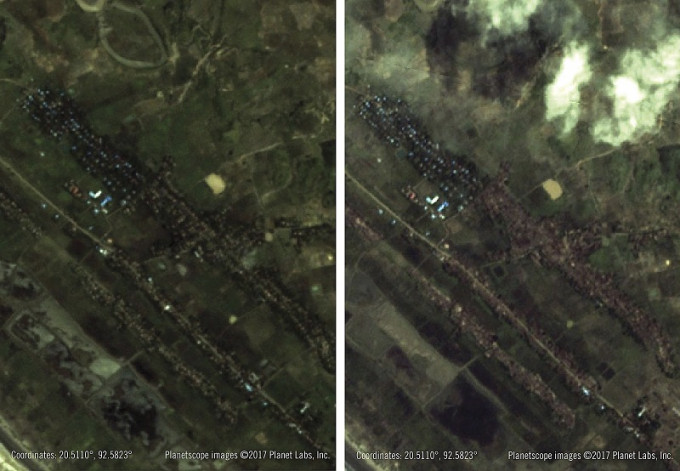 兩幅衛星照片分別攝於8月27日(左)及9月11日(右)，可比較到羅興亞人村落被火燒。AP