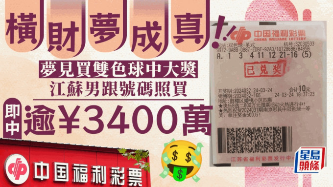 江蘇男子購買中國福利彩票後中逾3400萬獎金。