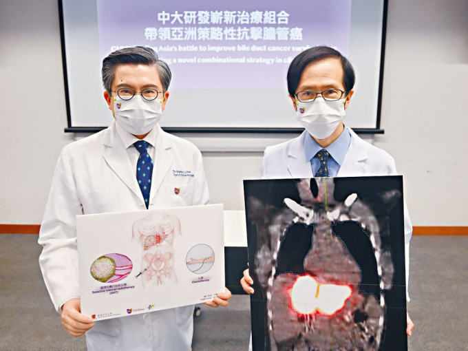 余俊豪教授（右）及陳林教授介紹肝內膽管癌新療法。