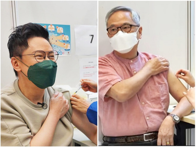 陈志云（左）和曾荫权接种第二针复必泰疫苗。聂德权fb相片及短片截图