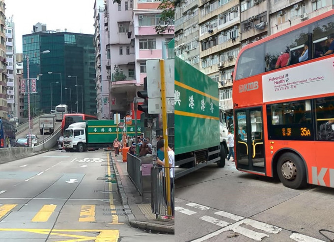 巴士驶至枫树街街口时，与一辆货车相撞。网民Tam Chung Chak/ fb群组「香港突发事故报料区」