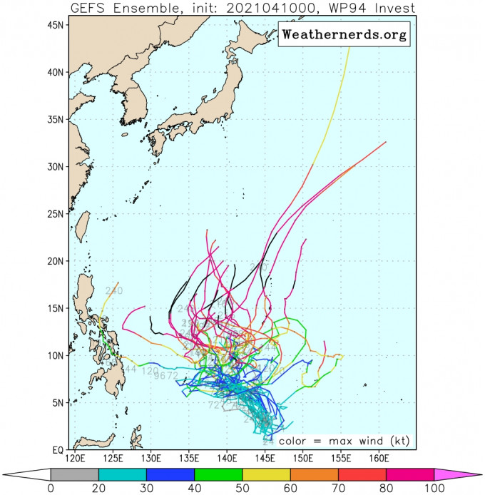 美国预报（GFS）集合预报显示潜在热带气旋比较有可能太平洋北上。网上图片