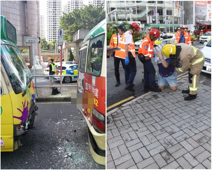 後方小巴車頭玻璃損毀，女司機激動跪地。