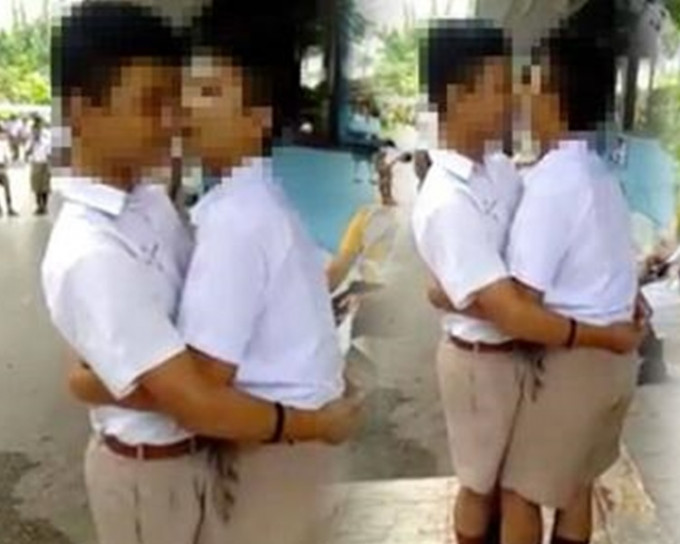 泰國兩名男學生互毆，被罰親吻對方臉頰100次。網上圖片