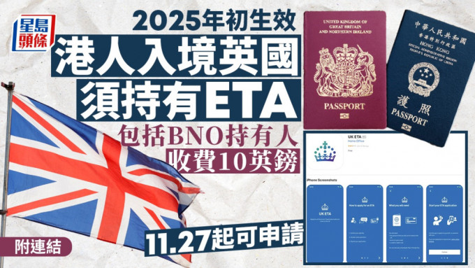 英国入境｜明年初入境英国前须持有ETA 每次收费10英镑 港人11.27起可申请（附连结）