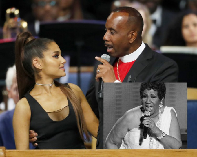 美國「騷靈歌后」Aretha Franklin喪禮中，Ariana疑遭主教「胸襲」。（AP）