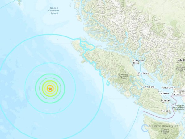 溫哥華島對開6.7級地震。美國地質調查局圖片