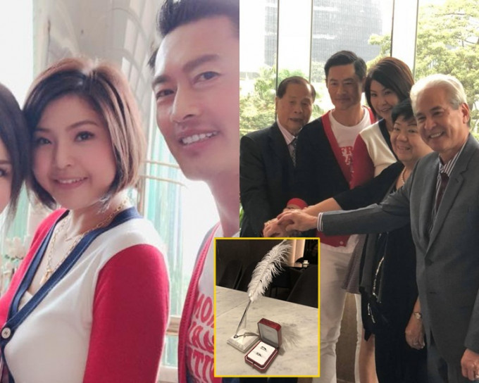 德斌同Joyce穿上情侣外套签纸结婚，及与双方家长切蛋糕。（June Leung fb图片）