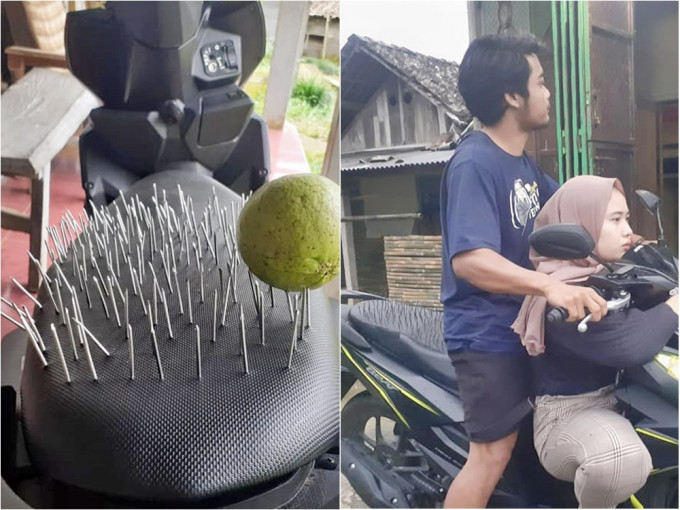 印尼男子為免女友呷醋，乾脆把電單車後座裝滿鐵釘。網圖