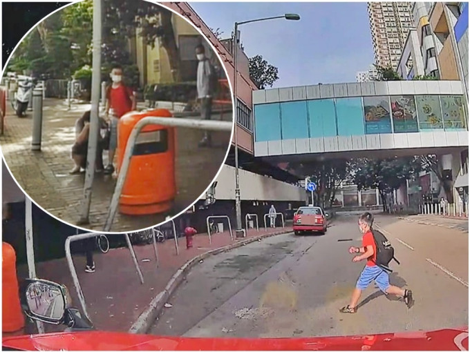 小童今早在過馬路時險被撞倒。（小圖：男童母親在行人路上嚇至腳軟蹲下）網民Kay Tang圖片