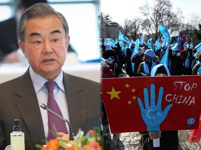 王毅訪問土耳其，維吾爾族人揮東突旗幟抗議。ap圖片
