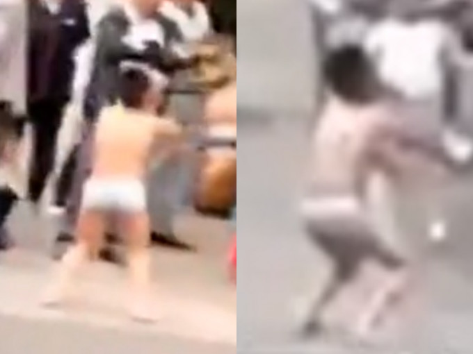 小二男生被母罚穿底裤街头紥马。网上图片
