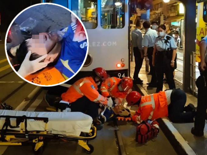 一名男子過馬路時遭電車撞倒。fb「香港突發事故報料區」圖片