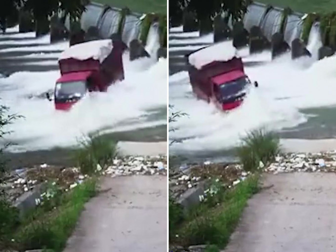 浙江司机抄捷径开货车硬闯水坝被连人带车冲走。