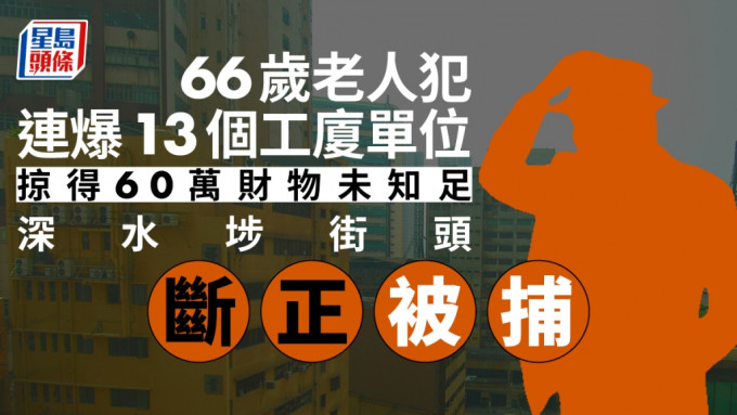  一名66歲男子連爆13個工廈單位掠走60萬財物被捕。