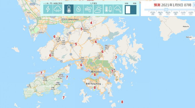 天文台预测新界清晨气温只有4度至6度。分区预报图