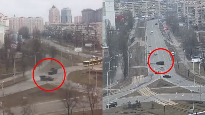 俄羅斯軍車（紅圈）在基輔市中心出現。互聯網圖片