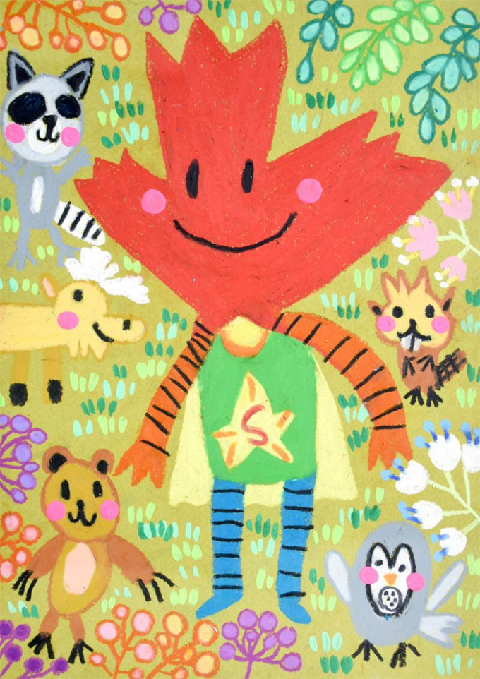 溥治的冠軍畫作命名為《楓葉小子──Maple Boy》，他利用七
彩繽紛的蠟筆配合充滿童趣的筆觸繪畫，以代表著加拿大的楓葉作為超級英雄的主題構思。
（圖片由創意學堂提供）