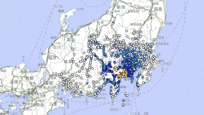 神奈川县5.3级地震震感分布图。 日本气象厅网页