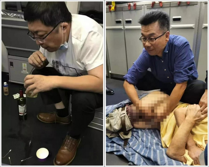 张红(左)用嘴咬住导管将尿液吸出;肖占祥(右)调整病人体位协助排尿。