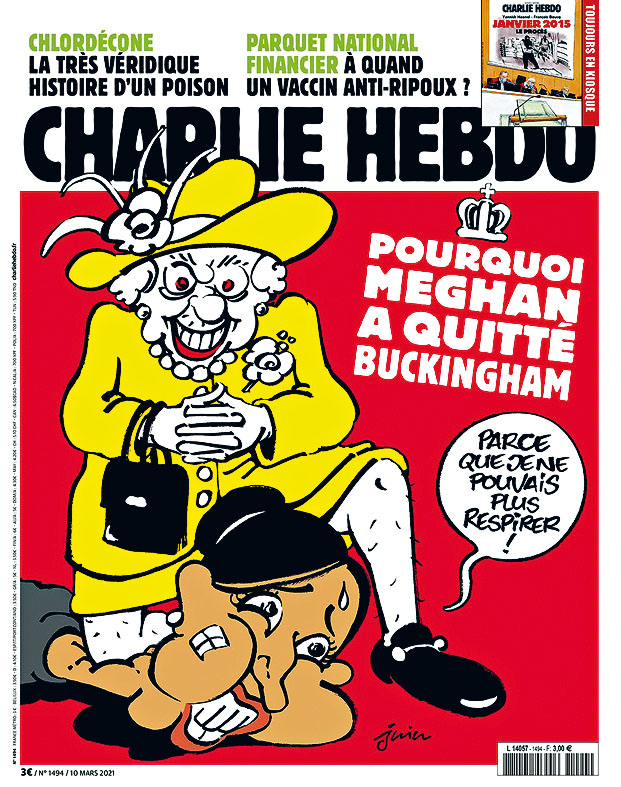 ■《查理周刊》最新一期封面描绘英女皇膝压梅根的颈部。