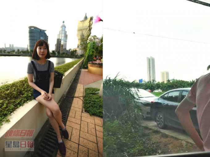 廣州乘白牌車遇險港女搣時潘澳門接受訪問。記者李殷攝（右圖：Facebook Shu Wan Pun圖片）